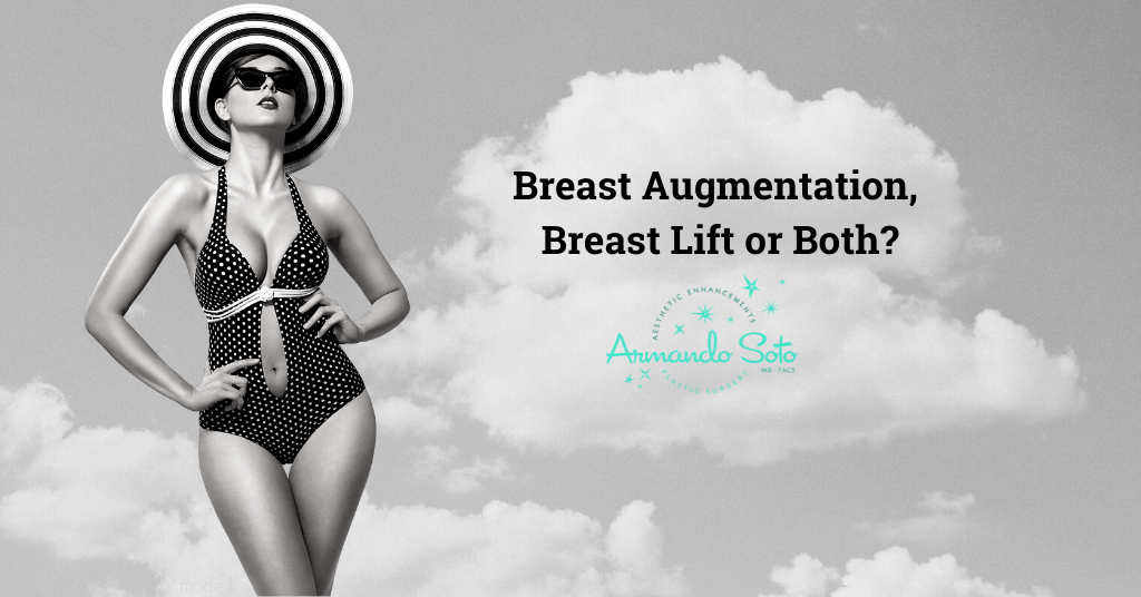 woman (model) in 1950's style bathing suit and sun hat with text that reads "Breast Augmentation, Breast Lift, or Both?"