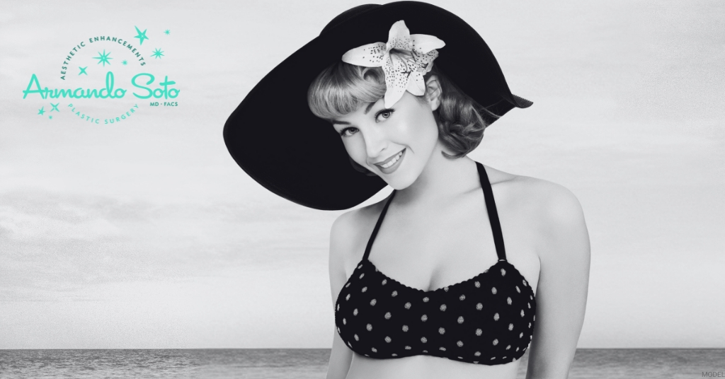Woman in a bathing suit smiling (MODEL) Aesthetic Enhancements Plastic Surgery & Laser Center: Armando Soto, MD Logo